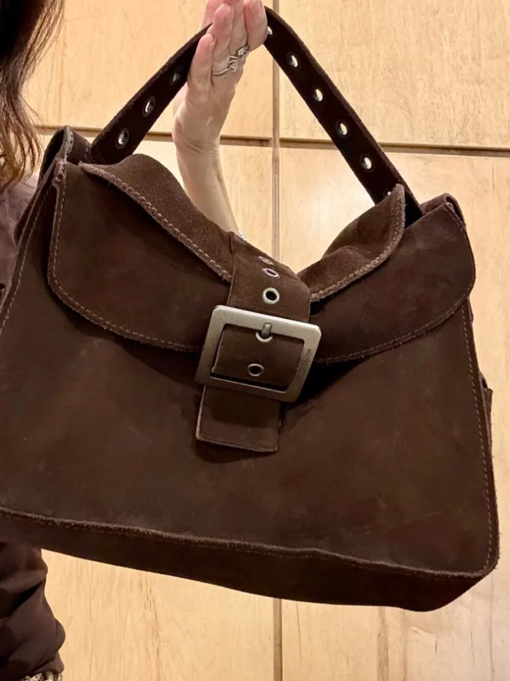 Vintage Dolce & Gabbana Brown Suede Grommet Shoulder Bag Y2K Leopard D&G